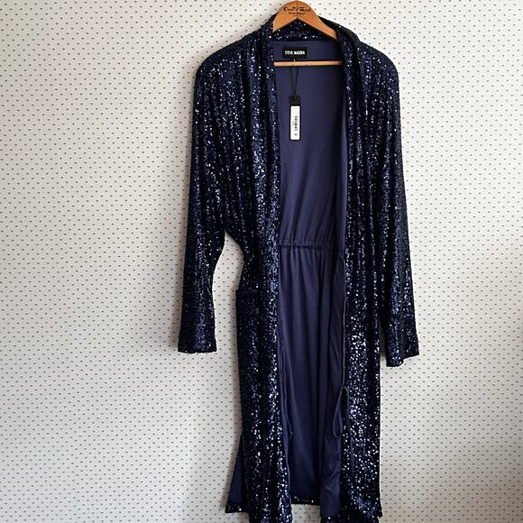 Steve Madden Showstopper Sequin Duster Jacket L NWT Blue Jacket Coat Glam Long - Picture 3 of 8